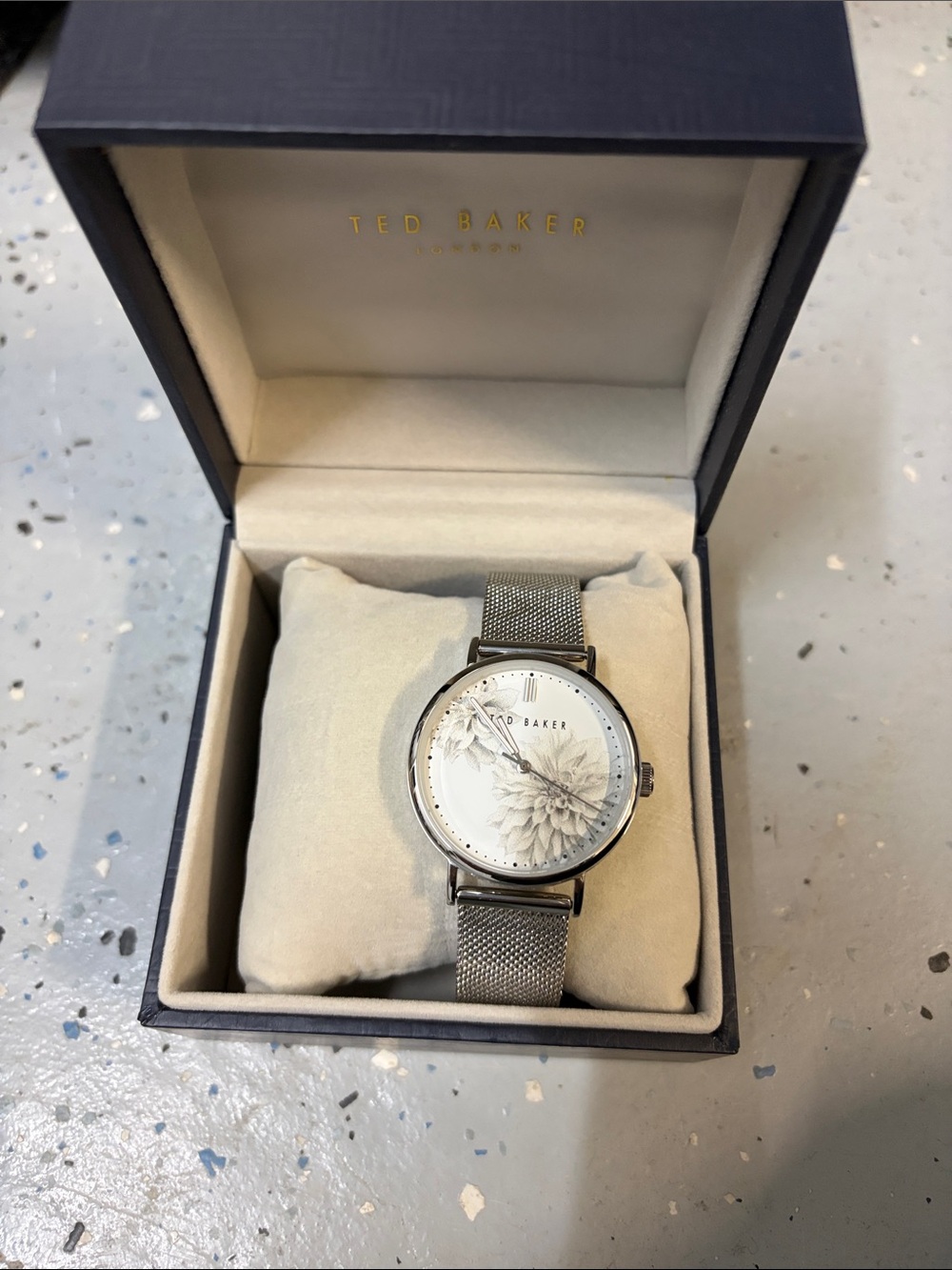 Ted Baker Silver Mesh Strap Watch with White Floral Dial